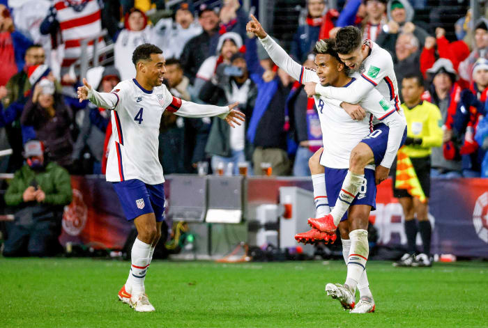 More than in the past, Pulisic (on piggyback) will be able to ride his teammates, like Adams (left) and Weston McKennie (giving piggyback).